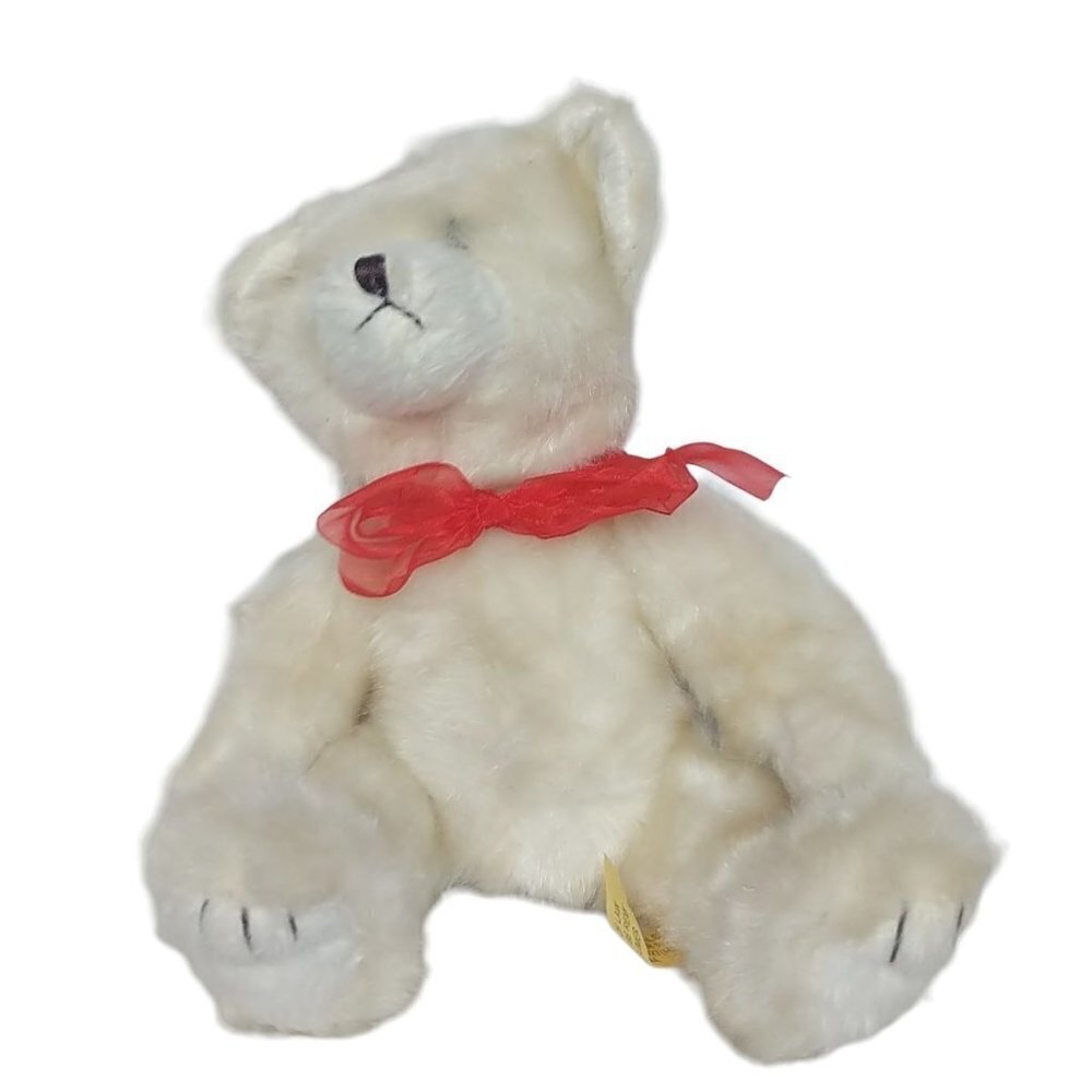 Cream Teddy Bear Stuffed Animal Red Bow 9.5 Inch